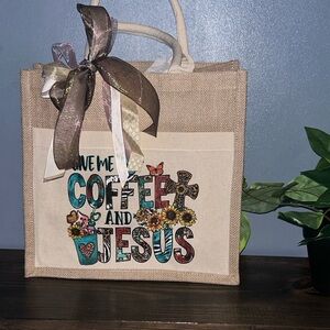 Beige Tote Bag with Coffee and Jesus Design